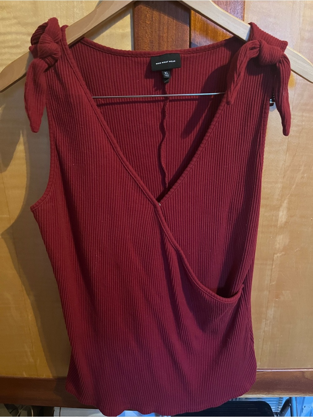 Who What Wear Ribbed Wrap Tank with Tie Shoulders - Burgundy